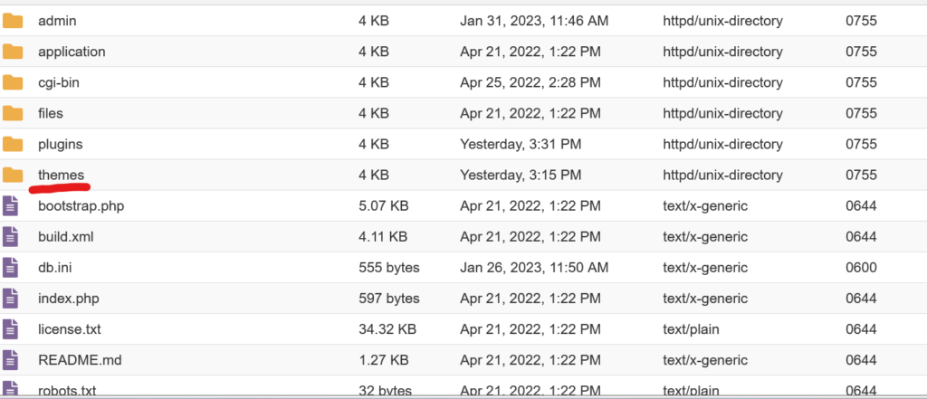 Themes folder underlined in red