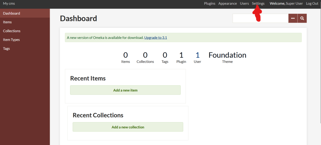 Red arrow pointing to where to find settings in Omeka